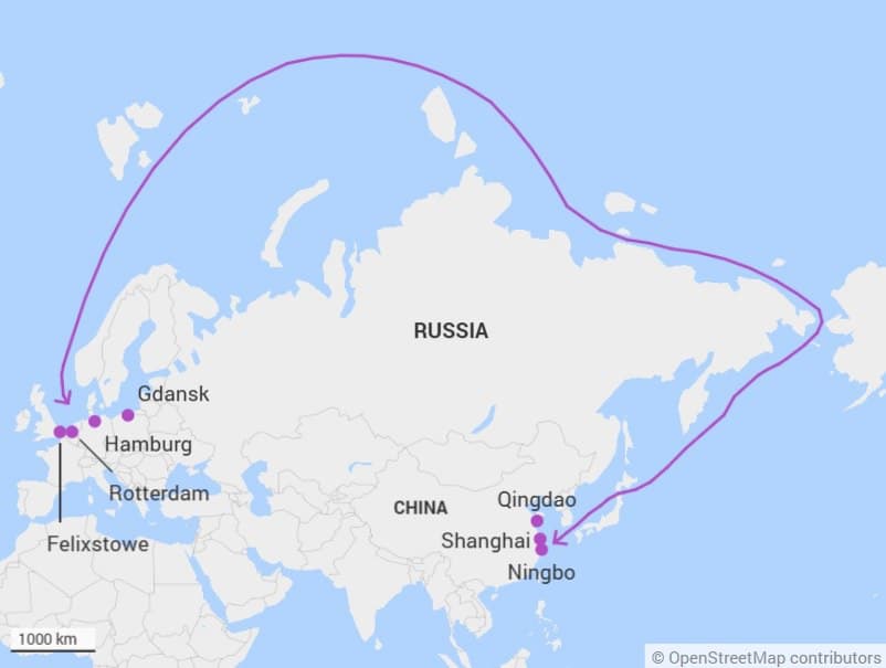 Китай запускает новый транспортный маршрут через Арктику в Европу.